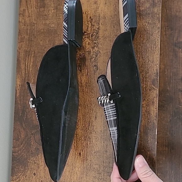 Ann Taylor Factory Black Suede Loafer Mules with Plaid & chain design size 8 - Picture 3 of 10